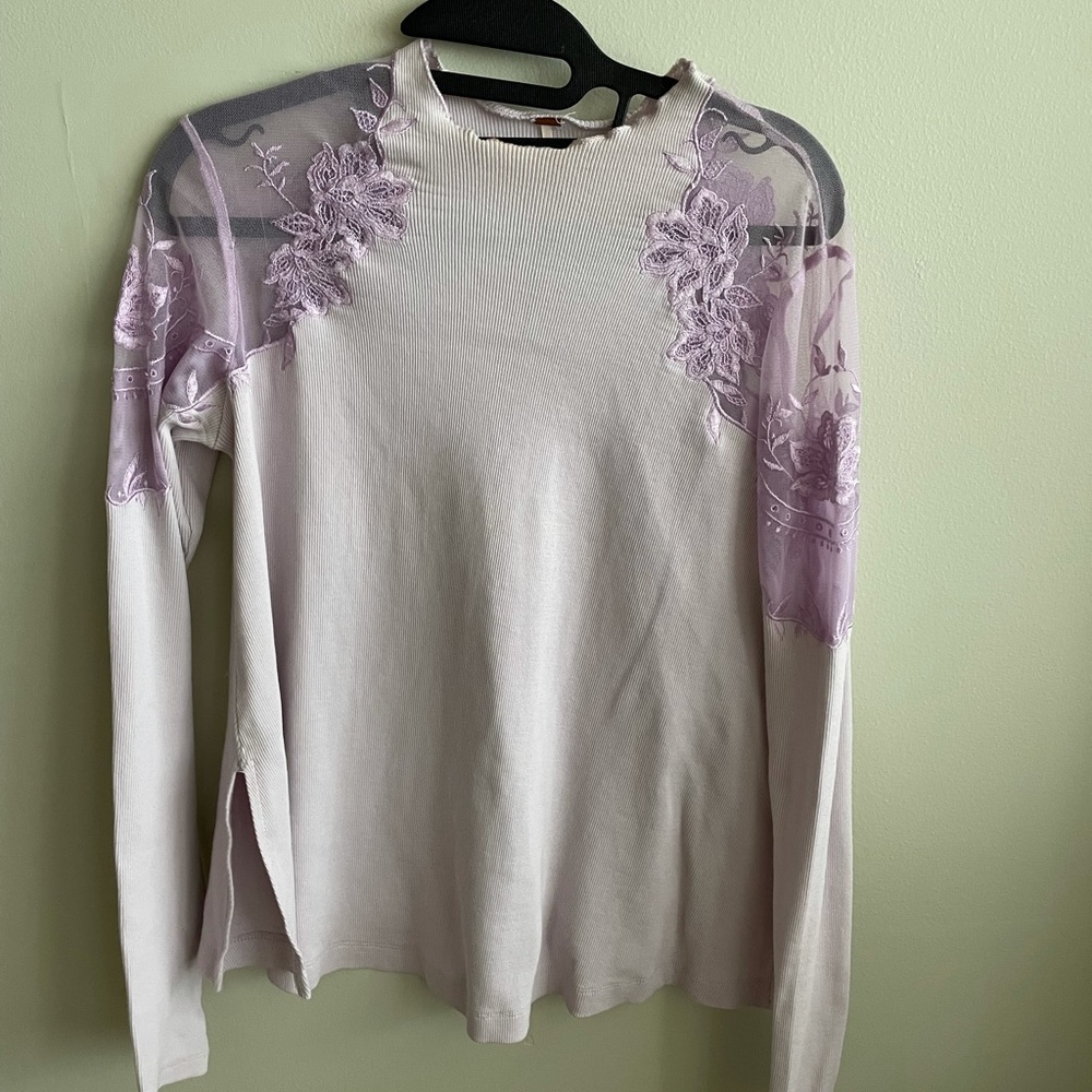 Free people violet top with embroidered see through shoulders